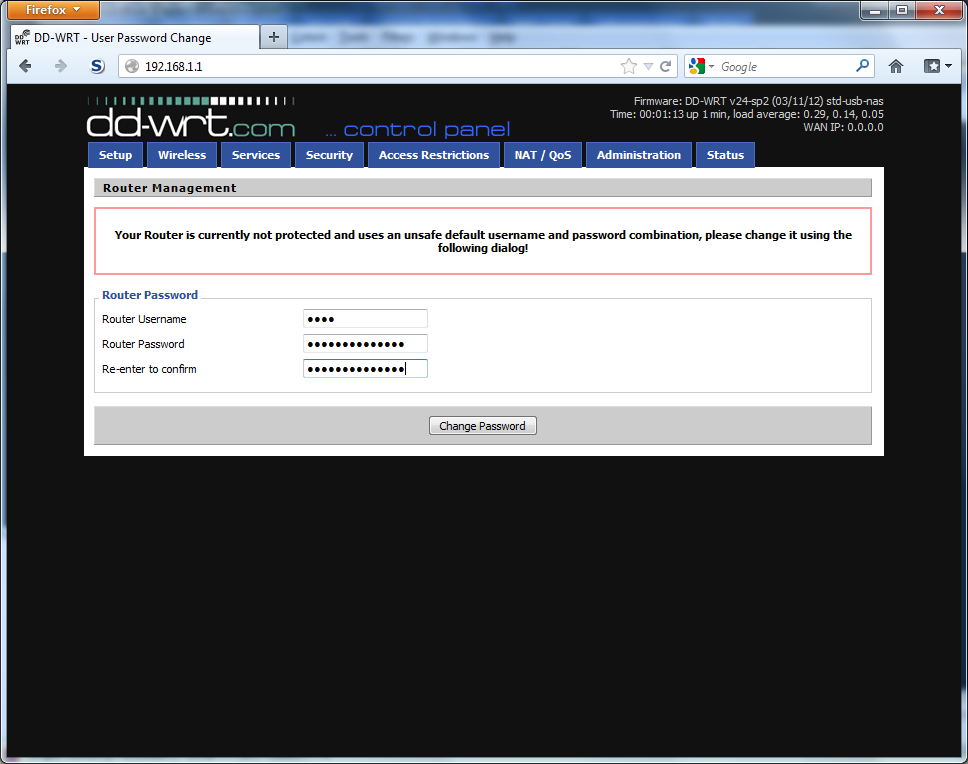 Yay! The default change your user and password page for DD-WRT